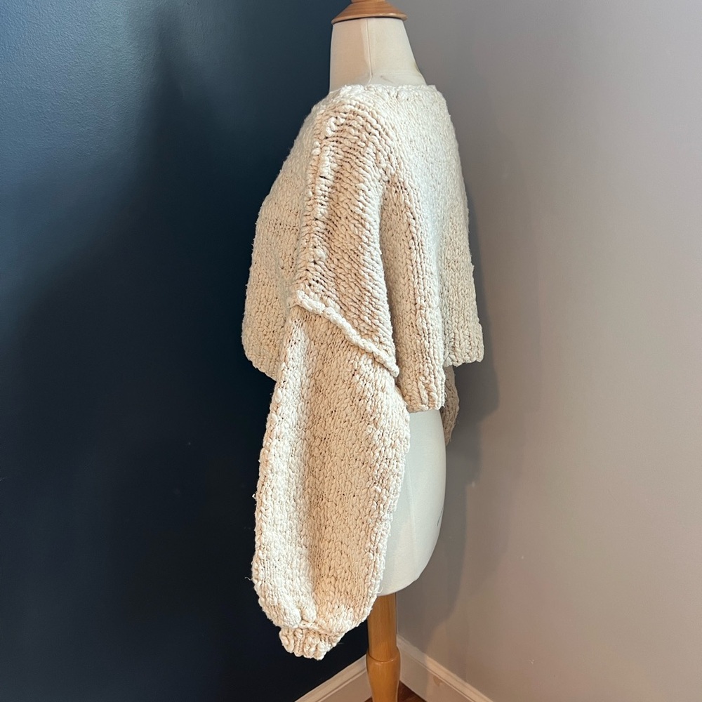 Pilcro Anthropologie Cropped Chunky Knit Sweater Cream Balloon Sleeve Small - Picture 5 of 8